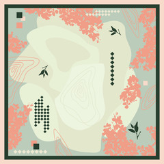 Hijab design with abstract elements and silhouettes of flowers.