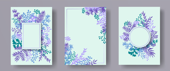 Botanical herb twigs, tree branches, leaves floral invitation cards templates. Herbal corners elegant invitation cards with dandelion flowers, fern, lichen, olive tree leaves, sage twigs.