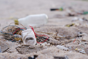 Plastic Pollutions and garbages on the beach, Rayong beach, Thailand