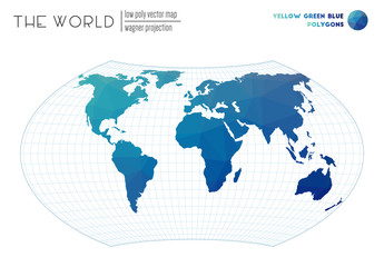World map with vibrant triangles. Wagner projection of the world. Yellow, Green, Blue colored polygons. Creative vector illustration.