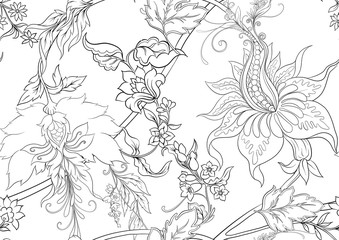 Fantasy flowers in retro, vintage, jacobean embroidery style. Seamless pattern, background. Outline hand drawing vector illustration..