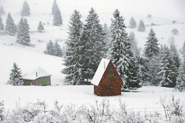 Snow covered hut in the mountains