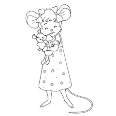 Cute cartoon girl mouse hugging a plush toy. Isolated object on white background. White and black vector illustrations for coloring book.