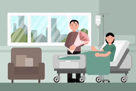 A man visits a patient lying on hospital bed. A woman resting In a Bed. Man holding a bouquet visits sick woman. Flat cartoon style vector illustration.