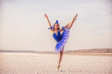 girl ballerina dancer in a  blue  dress on a snow-white salty dried lake. Fantastic landscape and a...