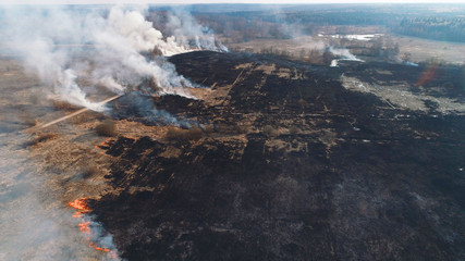 Forest and field fire. Dry grass burns, natural disaster. Aerial view. Large field fire with many places of burning.