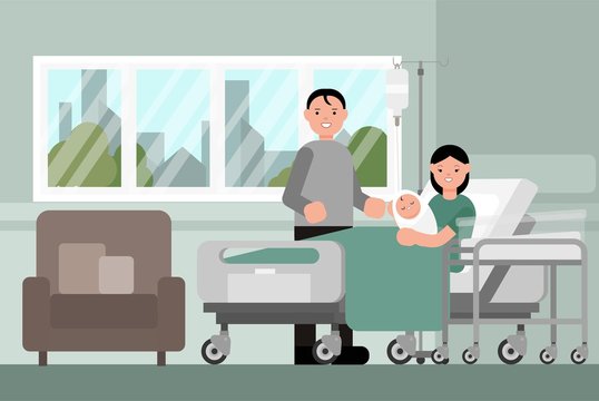Family with new born baby in the modern delivery ward. Parent and their infant first moments in hospital. Isolated Vector.