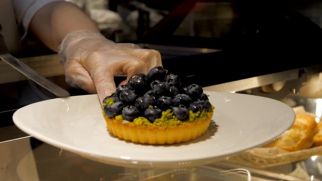Delicious dessert cake in a pastry shop on the counter