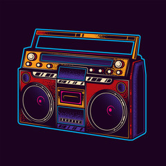 Original vector illustration of neon. Boombox. Retro portable stereo radio cassette player. - obrazy, fototapety, plakaty