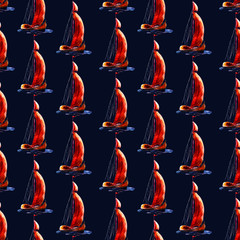 Watercolor seamless pattern sailboat with red sail. Hand drawn  illustration, dark background.