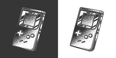 Original monochrome vector illustration. Portable retro game console in vintage style..