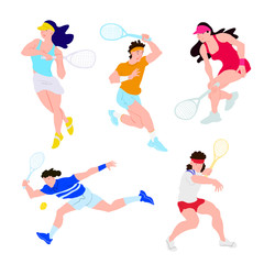 Tennis players set. Tennis sportsman group boys and girls in dynamic. Used for flyer, banner sporting events, packing sports goods. Cartoon flat vector illustration isolated object.