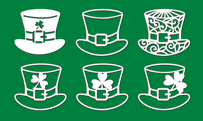Set of St. Patrick's Day decoration. Openwork green irish leprechaun hat with shamrock, lace ornament. Laser cutting template. Vector silhouette of element for cut. Patricks day stencil for carving.