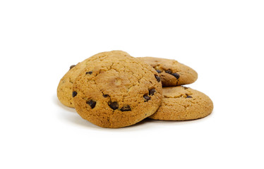 Oatmeal cookies with chocolate chips. Close up. Isolated on white background