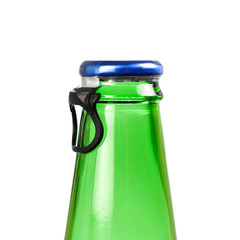Beer bottle, lid with ring for opening. Close up. Isolated on white background
