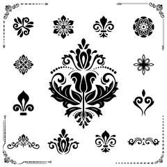 Vintage set of horizontal, square and round elements. Different elements for design, frames, cards, menus, backgrounds and monograms. Classic patterns. Set of vintage black patterns