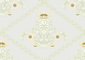 Sunflower. Seamless pattern, background. Colored vector illustration. Outline hand drawing vector illustration. In art nouveau style, vintage, old, retro style