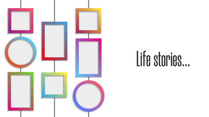 Collage of empty gradient colour wall frames circular, square and rectangular geometric shapes hanging on ropes realistic vector illustration for memories picture or life stories album