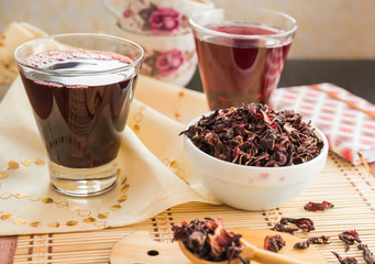 Hibiscus Tea. Flower Tea. Medicinal drink. Dry petals and Cold beverage