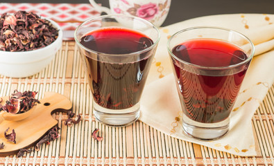 Hibiscus Tea. Flower Tea. Medicinal drink. Dry petals and Cold beverage