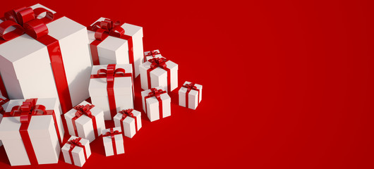 3D rendering of white and red gift boxes with lots of copy space