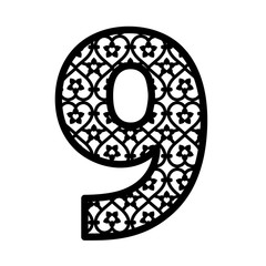Number 9 for laser cutting. Numeral character nine. Decor font for paper or die cut. Numeric date template. Vector letter for invitation, baby shower, birthday card, scrapbooking, wedding.