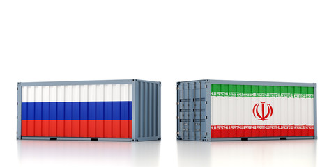 Two freight container with Russia and Iran flag. 3D Rendering