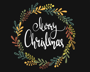 Merry Christmas Lettering and calligraphy on a black background with leaves and gold. Vector logo, text design. Print for banners, greeting cards, gifts, fabric, paper, textile. Vintage illustration.