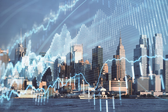 Forex graph on city view with skyscrapers background double exposure. Financial analysis concept. © peshkova