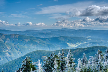 Frozen spruces on mountains with beautiful clouds in autumn, Czech, Lysa Hora
