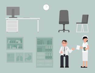 Collection of Medicine concept with doctor and nurse in hospital room. Modern hospital ward interior with furniture and equipment.Examination rooms. Isolated Vector