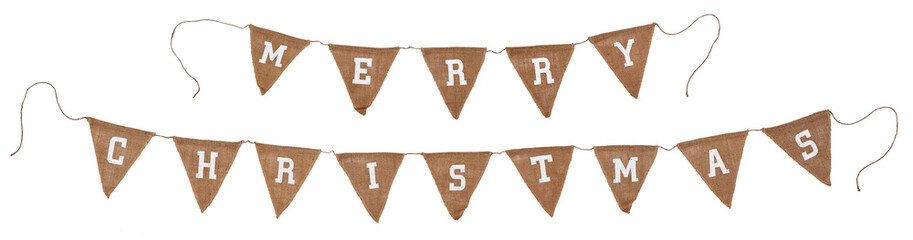 Burlap flag garland with text Merry Christmas on white background. Isolated.