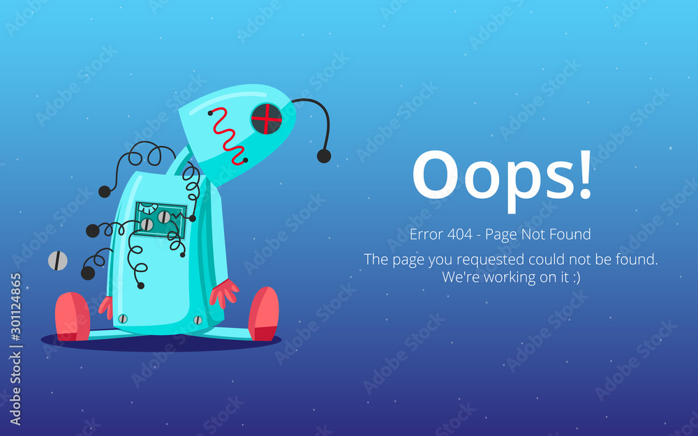 Poster Error 404 page layout vector design. Website 404 page creative concept. The page you requested could not be found. Oops 404 error page.
