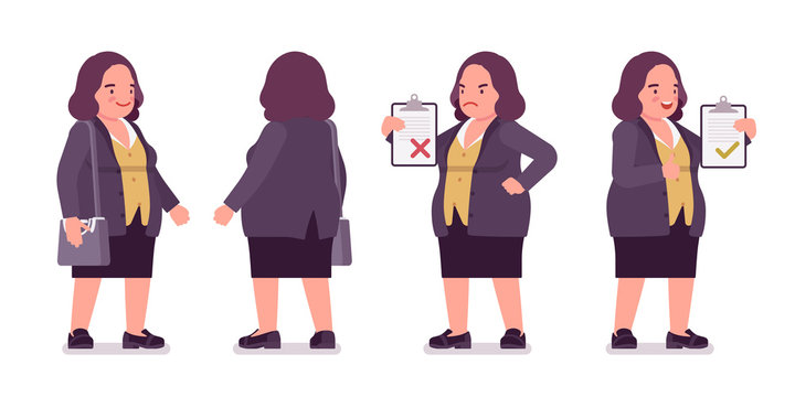 Chubby woman standing. Overweight fat shape. Middle aged lady, kind civil service worker. Curvy, voluptuous body type, big women fashion, plus size formal wear. Vector flat style cartoon illustration