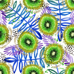 kiwi fruits seamless. Hand drawn fresh tropical plant waterecolor illustration. Colorful wallpaper. floral background.