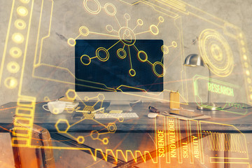 Technology theme drawing and table with computer. Double exposure. Concept of information.