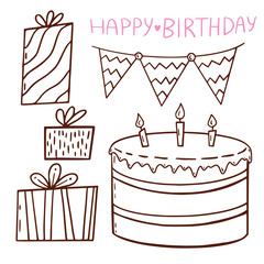 Birthday illustrated outline elements. Presents and cake. Greeting card decoration for birthday. Coloring book decorations.