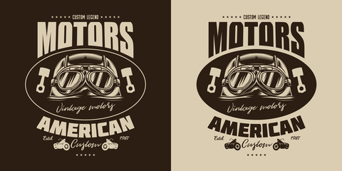 The original monochrome vector emblem with the image of a motorcycle helmet with glasses and text composition.