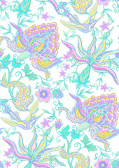 Fantasy flowers, traditional Jacobean embroidery style. Seamless pattern, background. Vector illustration in neon colors isolated on white background..
