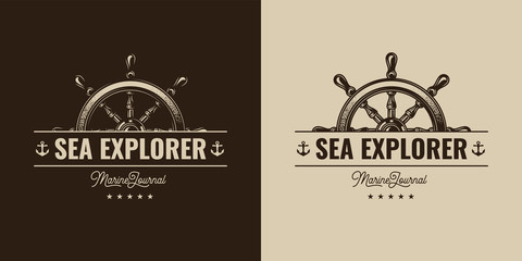 Original monochrome vector emblem of a ship steering wheel in vintage style. © artmarsa