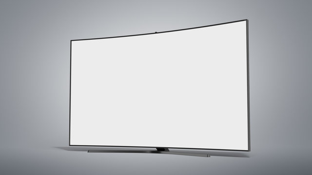 curved empty screen fuhd tv 3d render on grey gradient