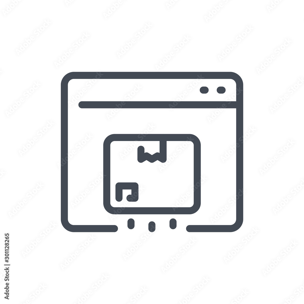Poster online store order line icon. web page with delivery box vector outline sign.