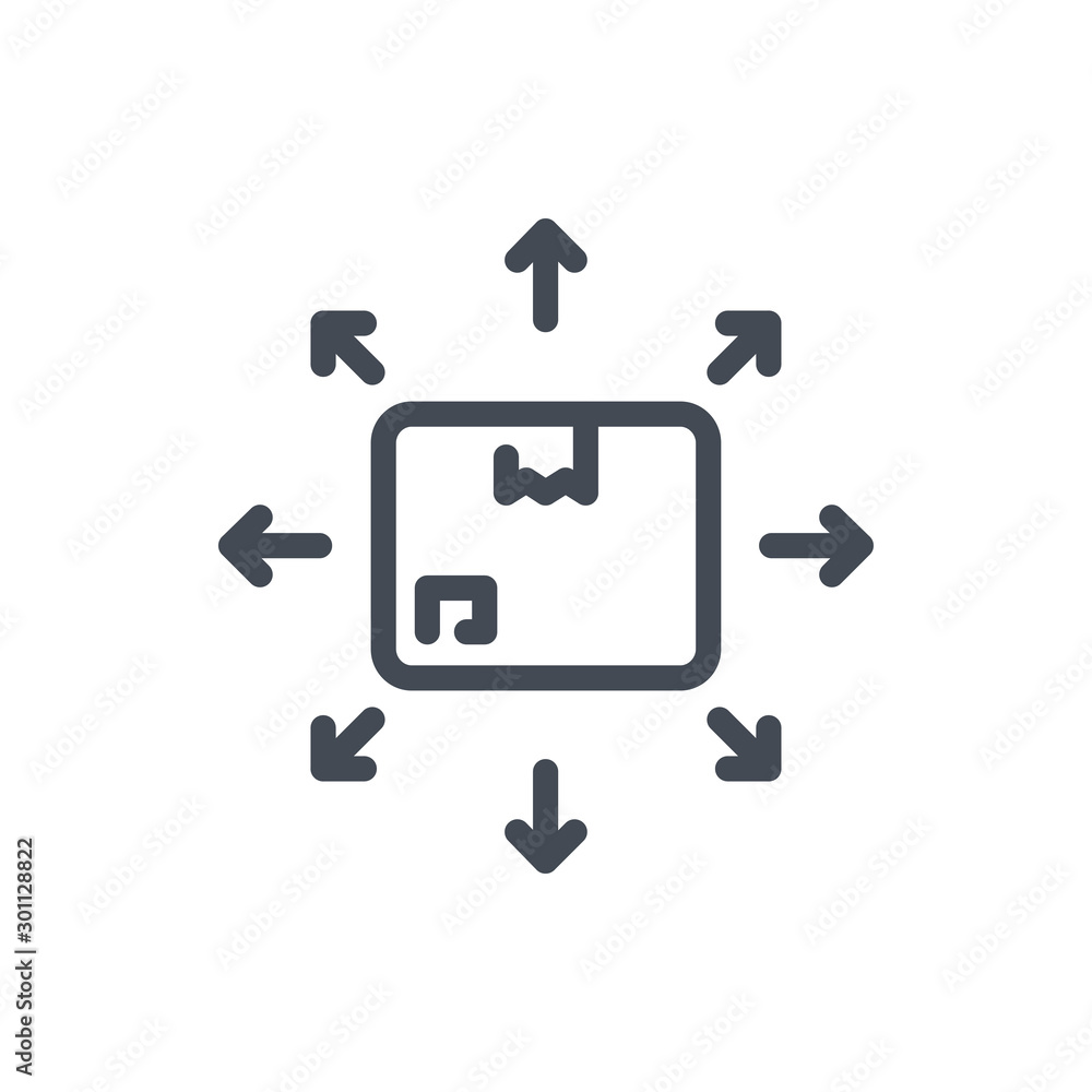Poster delivery and shipping line icon. box with direction arrows vector outline sign.