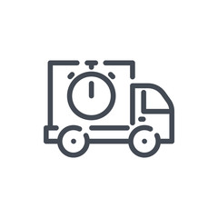Delivery van with stopwatch line icon. Fast shipping van vector outline sign.