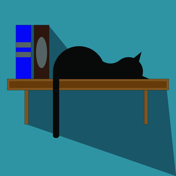 Sleeping black cat on bookshelf. Vector illustration 