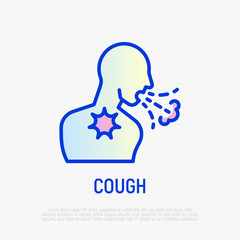 Man is coughing thin line icon. Cold, bronchitis, asthma. Symptom of flu. Modern vector illustration.