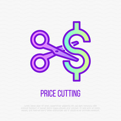 Cut price thin line icon: scissors cutting dollar sign. Special offer. Modern vector illustration.