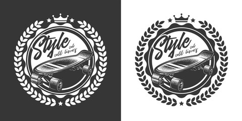 Original monochrome vector emblem in retro style, vintage skateboard.