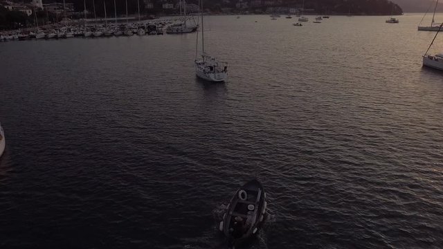 Aerial shot Top View of a fisher boat Italy Cinque Terre