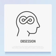 Obsession thin line icon: Infinity symbol in human head. Mental health. Fixated thinking. Modern vector illustration.